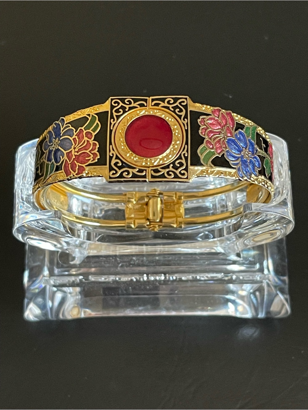 Gold-Tone Cloisonné Floral Bangle with Red Center